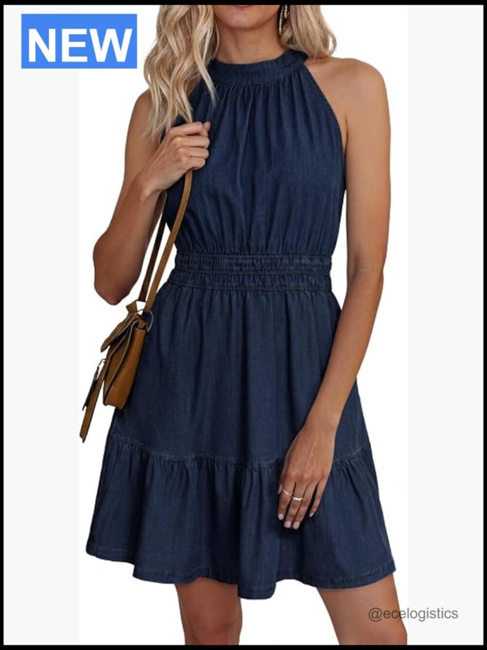 Halter Denim Dress Summer Casual Boho Mini Jean Dress with Pockets